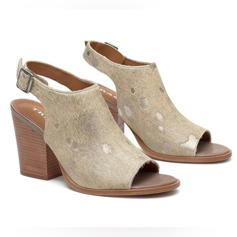 Trask Parker Heeled Sandal in Tan Brown Bone Matallic Haircalf